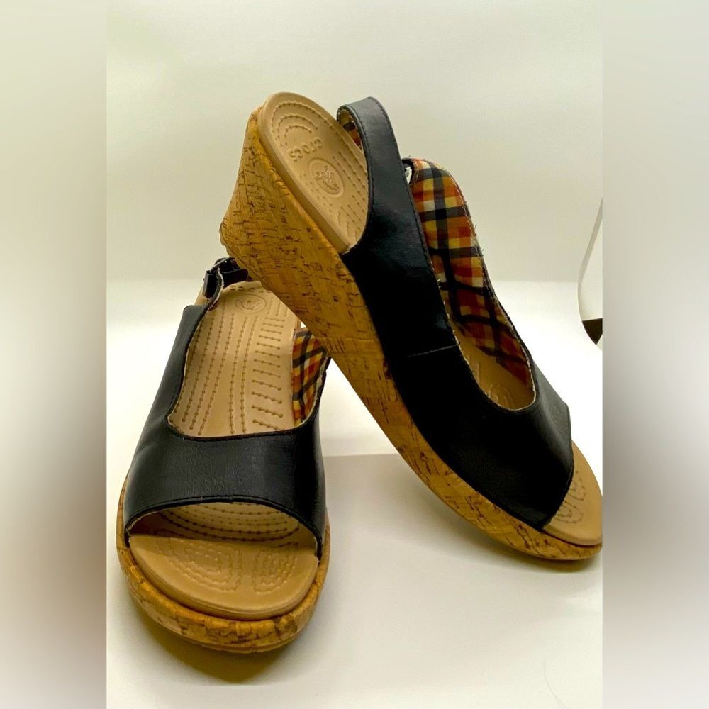 CROCS Black and Tan Wedges